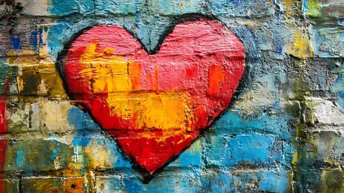 Red Heart Over Weathered Blue and Yellow Brick Wall.
