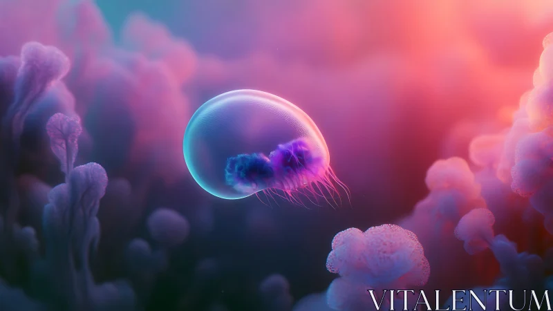 Bioluminescent jellyfish drifting through neon coral haze.