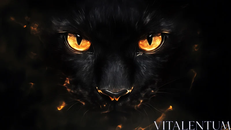 Black cat close-up with glowing orange eyes in dark field.