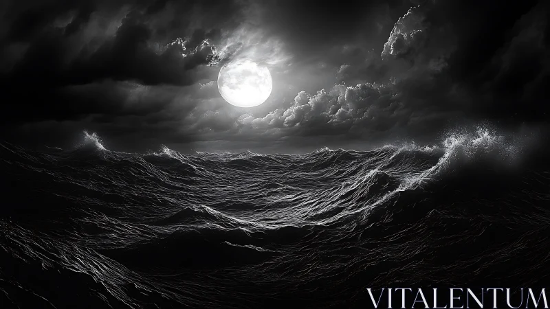 Moonlit storm waves churn under brooding nocturnal clouds.