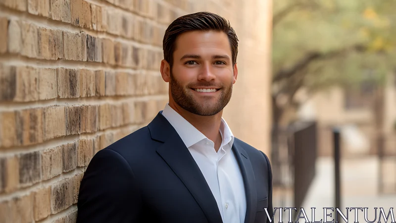 Brick-lined corridor frames confident professional&rsquo;s warm smile