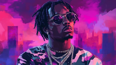Neon-lit urban portrait of cool rapper in reflective shades.