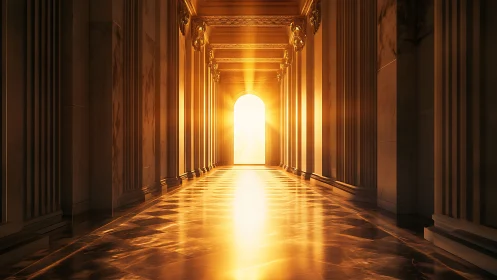 Parametric golden colonnade with axial solar flare illumination.