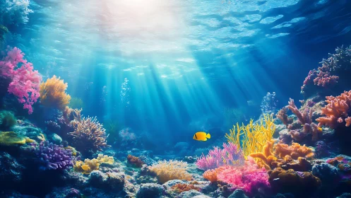 Sunlit coral reef scene with colorful fish and sea life.