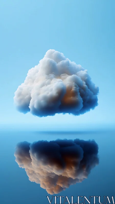 Floating dreamlike cloud resting above a tranquil mirror sea.