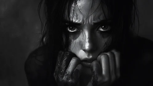 Woman stares intensely forward with dirty clenched hands