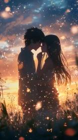 Sunset sparks drift as two silhouettes invent their forever