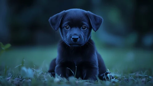 Gentle black puppy rests in cool blue evening grass glow