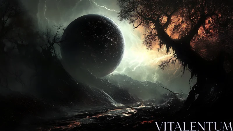 Astral singularity sphere suspended in stormlit wasteland