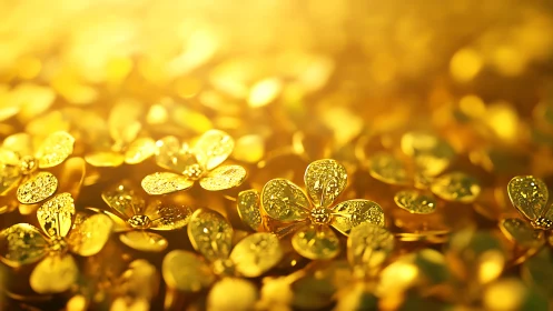 Golden metallic blossoms shimmer in warm dreamy light