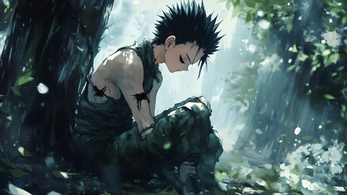 Quiet forest pause shows a tired warrior resting in thought