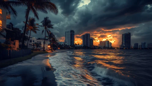 Moody beachfront skyline glowing under a stormy sunset sky.