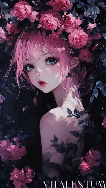 Rose crowned girl gazes back through shadowed petals.