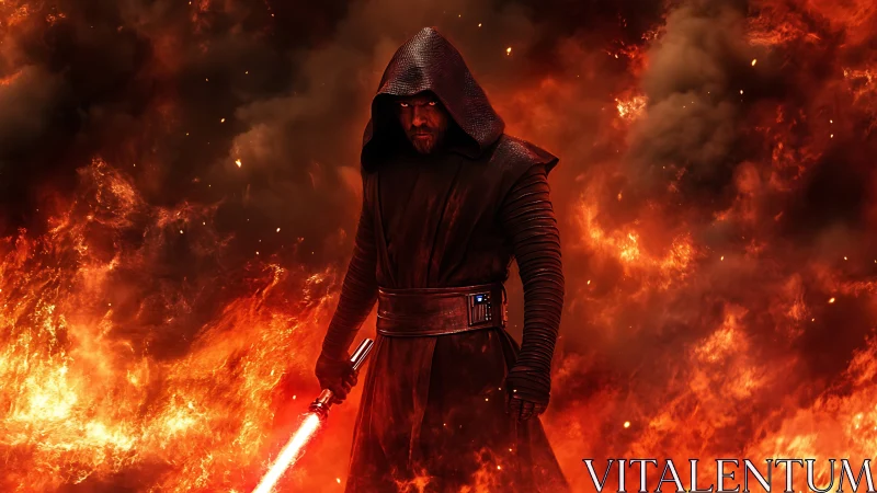 Hooded warrior dominates inferno with glowing energy blade.