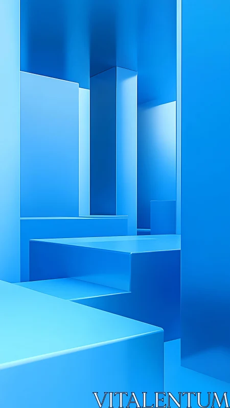 Blue geometric corridor with stacked minimalist blocks.