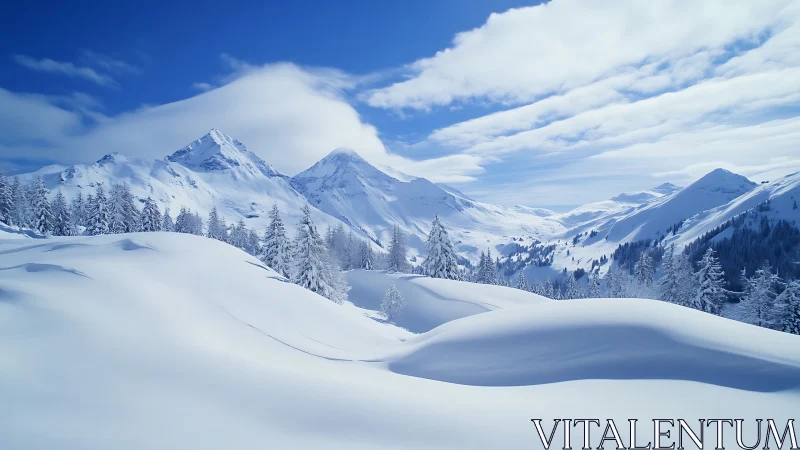 High-alpine winter valley with untouched powder snow drifts