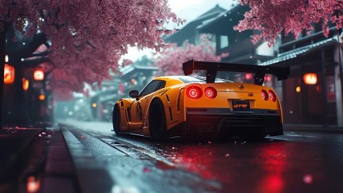 Golden street racer under glowing cherry blossoms at dusk.