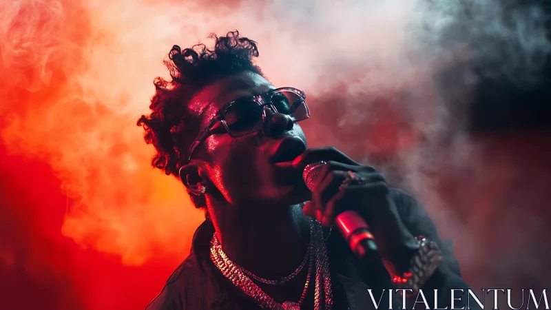 Backlit vocalist in saturated red stage haze, low-key portrait.