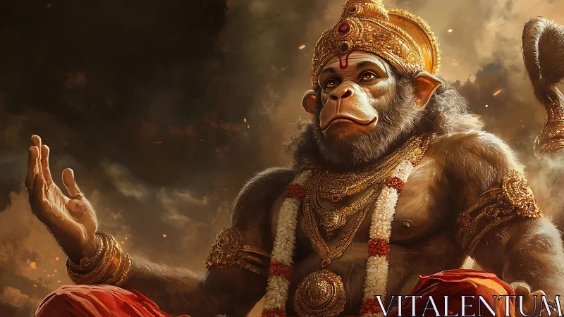 Divine monkey warrior seated in ornate golden regalia.