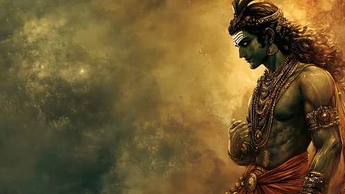 Sunlit warrior demigod broods in gilded celestial haze.