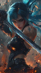 Blazing blue‑haired warrior cleaves through embers and steel.