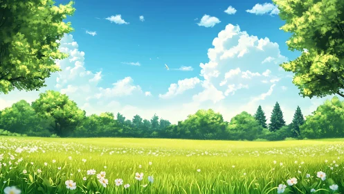 Sunny green meadow extends toward distant tree line and sky