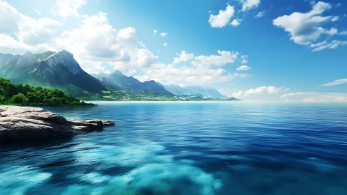 Coastal mountains beside calm blue sea under clear sky.