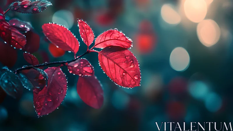 Crimson leaves with raindrops in dreamy bokeh light.