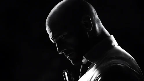 Hitman silhouette profile under stark rim lighting. Period.