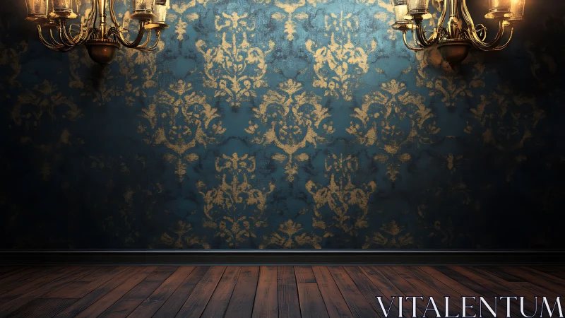 Ornate chandeliers over teal damask wall and wood floor.