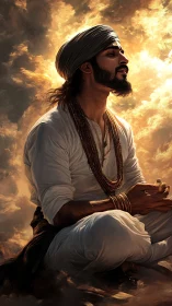 Mystic yogi in radiant clouds during deep meditation.