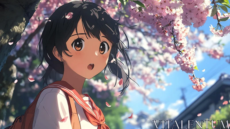 Springtime anime schoolgirl beneath drifting cherry blossoms.
