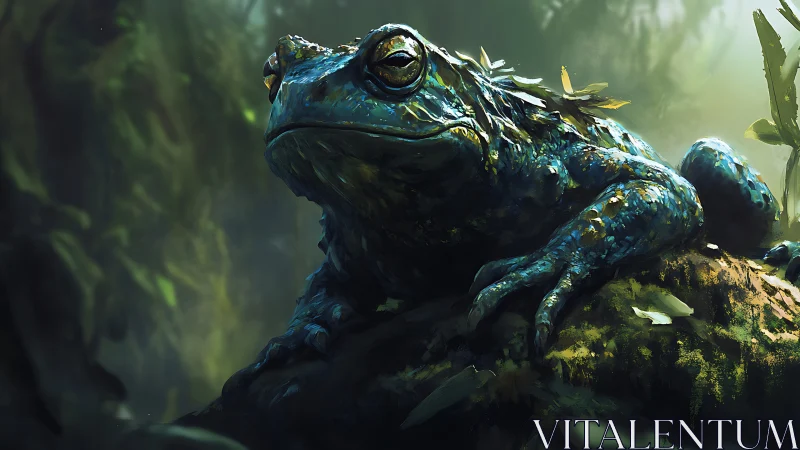 Large blue-green toad resting on mossy forest rock.