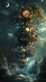 Vertical clocktower skyport rises above nocturnal waterfalls