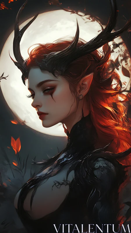 Horned moonlit sorceress in dark fantasy portrait.