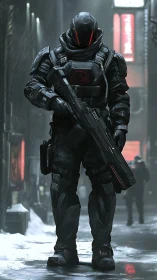 Cyberpunk tactical guardian in neon-soaked urban snowfall scene.