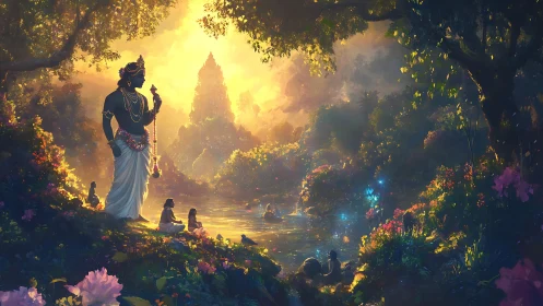 Silhouetted robed figure by river in dense illuminated forest.