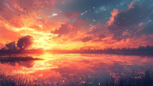 Spectral sunset over lacustrine horizon with mirrored cloudfields.