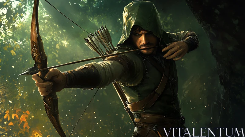 Hooded forest archer draws bowstring with lethal precision