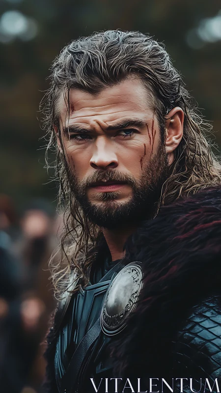 Brooding warrior gazes forward in rugged medieval armor.