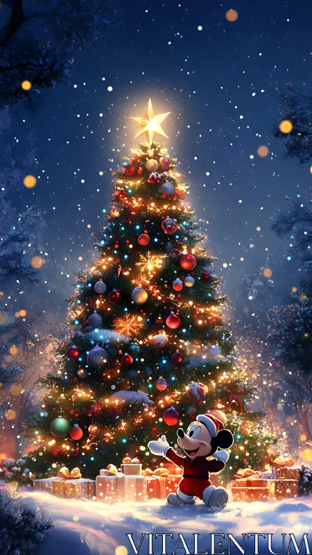 Cartoon mouse welcomes a starlit forest Christmas tree