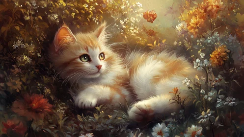 Fluffy Guardian Rests Among Autumn Florals.