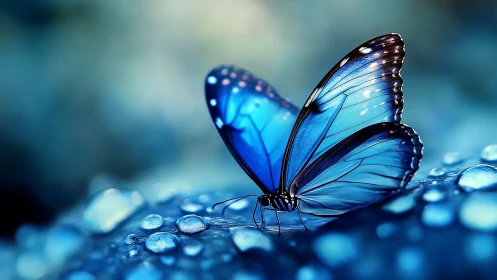 Cerulean butterfly poised on dewdrops in dreamy twilight.