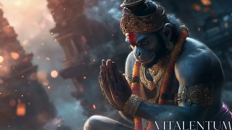 Praying monkey warrior bends dusk light around jeweled devotion