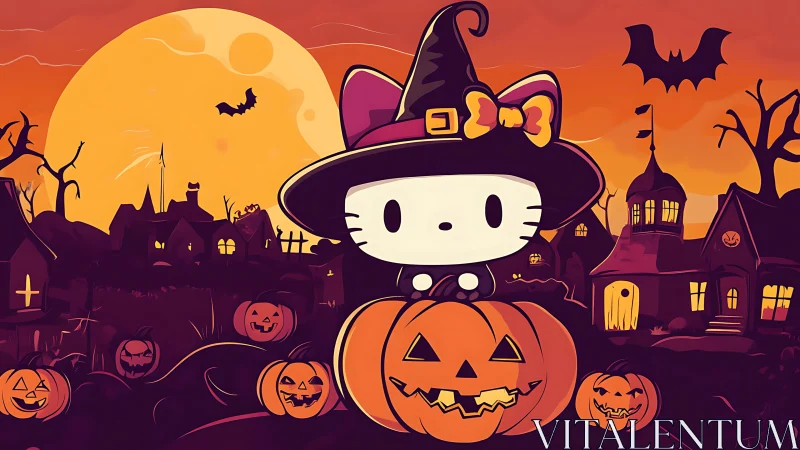 Cute witch cat sits on glowing jack o lanterns at dusk.