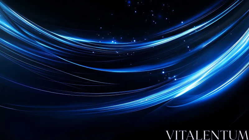 Curved blue light streaks on dark gradient digital background.
