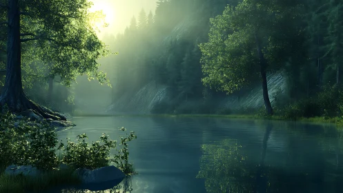 Luminous River Canyon: Misty Forest Gorge at Golden Hour.