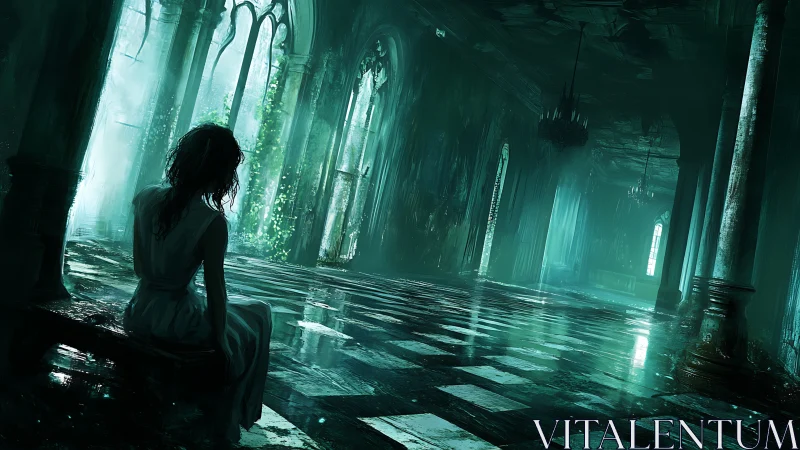 Solitary figure in decayed neo‑gothic hall with spectral light.