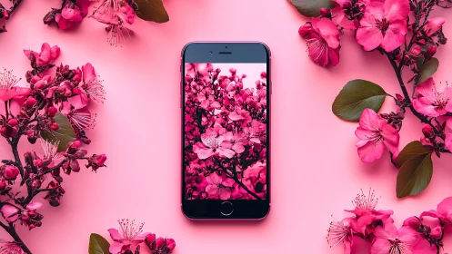 Smartphone surrounded by vibrant pink flowers.