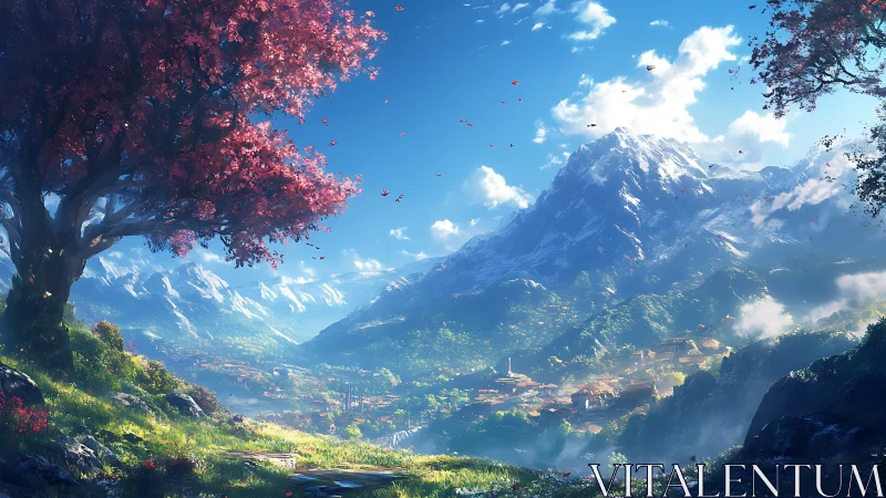 Snow capped mountain above valley town under cherry tree